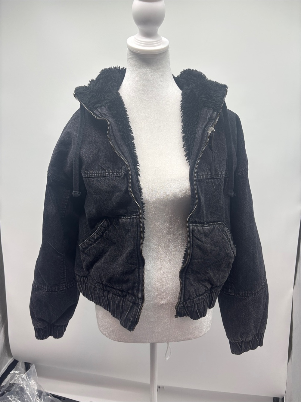 American Eagle Outfitters Black Sherpa-Lined Bomber Jacket